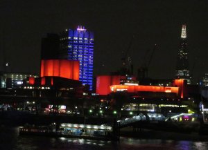 An hour or so later, I returned to Hungerford Bridge, but now looking downstream, with, to the right, a red-lit National Theatre and Purcell Room on the South Bank, and further right, the Shard some distance beyond, near London Bridge...